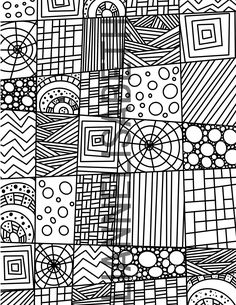 an abstract black and white drawing with lines, circles, squares and shapes on it