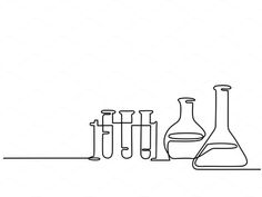 three test tubes and one flask filled with liquid on a white background line drawing