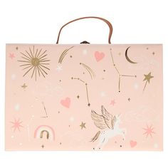 a pink shopping bag with stars, clouds and unicorns on it's side