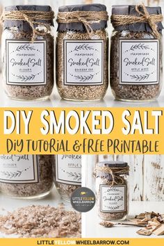 homemade diy smoked salt in jars with text overlay that reads, diy smoked salt a perfect hostess gift