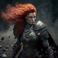 a woman with red hair and armor on