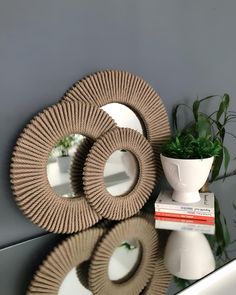 two mirrors and a potted plant on a shelf