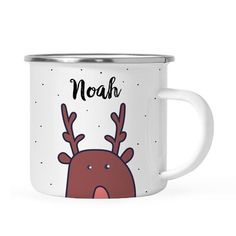 a white enamel mug with an illustrated reindeer head and the words noah on it