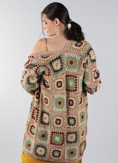 Valentines Gift, Crochet Square Cardigan, Women Beige Boho Coat, Cream Patchwork Hippie Jacket, Plus Size Sweater, Afghan Handmade Knit Sweater, Spring Oversized Chuncky Cardigan, Cotton Knit Kimono, Gift for Her, Mom, Girlfriend, Cozy Clothing 🧥It is my pleasure to be offering this awesome fashion multicolor crochet jacket. This coat is perfect for four seasons, ANYWHERE, ANYTIME. The cardigan looks very nice with dress, with jeans and with any other clothing. You can use at home, at work, and Bohemian Winter Knitted Tops, Long Sleeve Knit Cardigan, Winter Crochet Long Sleeve Tops, Crochet Long Sleeve Tops For Winter, Hand Knitted Long Sleeve Cardigan, Long Sleeve Crochet Tops For Winter, Fall Knitting Patterns With Long Sleeves, Brown Crochet Outerwear For Winter, Crochet Long Sleeve Cardigan For Winter