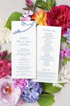 two wedding programs with flowers and greenery on the bottom one is blue, white and pink