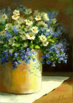 a painting of blue and white flowers in a yellow vase