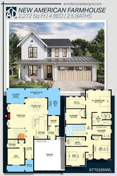 the new american farmhouse house plan is shown with two story and three car garages