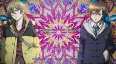 two anime characters standing next to each other in front of a colorful wallpaper background