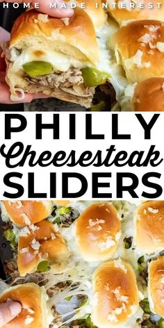 this is an image of phily cheesesteak sliders with text overlay