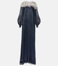 Find OSCAR DE LA RENTA Crystal-embellished Mousseline Kaftan on Editorialist. Material: 67% silk, 43% polyester. Care instructions: dry clean. Made in India. Designer color name: Navy. Embroidery: 100% polyamide. Lining: 100% silk. Closure: zipper, hook fastening. Elegant Georgette Evening Dress With Sequins, Silk Evening Dress With Sheer Sleeves, Luxury Silk Evening Dress With Sequins, Designer Blue Evening Dress, Designer Blue Dress For Evening, Festive Evening Silk Chiffon Dress, Luxury Silk Evening Dress For Festive Season, Blue Silk Chiffon Evening Dress, Glamorous Blue Silk Evening Dress