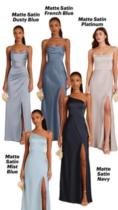 four different styles of dresses with the names of them in english and french, including one for