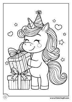 a coloring page with a unicorn holding a gift box