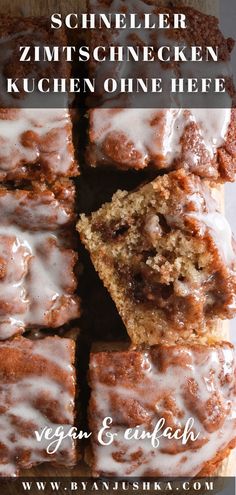 a close up of glazed doughnuts with glaze on top and text overlay that reads, schneler zimtschincken kuchen ohne heee