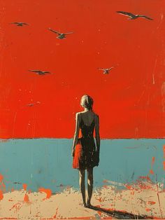 a painting of a woman standing on the beach with birds flying above her and red sky in the background