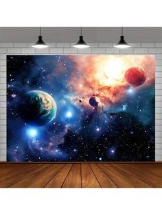 an image of a space scene with planets and stars in the sky, on a wall