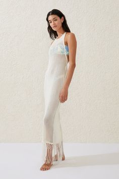 FRINGED BEACH MAXI DRESS Summer Beach Midi Dress With Side Slits, Beachwear Maxi Dress With Side Slits For Beach Cover-up, Spring Beach Midi Dress With Side Slits, Summer Halter Neck Dress With Side Slits, Cotton Midi Dress For Beach Vacation, Fitted Tie Back Midi Dress For The Beach, Fitted Midi Dress With Tie Back For Beach, Halter Neck Maxi Dress With Side Slits For Beach, Beach Maxi Dress, Tie Back, Backless