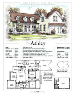 the ashley floor plan is shown in this drawing, it has three bedroom and two bathrooms