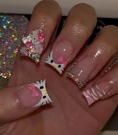 Hello Kitty Duck Nails, Hello Kitty Nails Art, Kitty Nails, Acrylic Nail Set, Cute Acrylic Nail Designs, Hello Kit