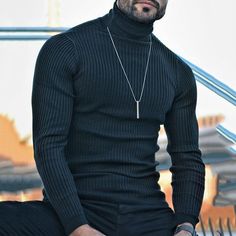 Mens Pullover Sweater, Solid Color Sweater, Outfits Hombre, Fitted Turtleneck, Striped Turtleneck, Mens Long Sleeve Tee, Men Vintage, Pullover Men, Outfit Casual