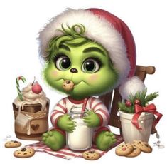 the grinch is holding a glass of milk and cookies