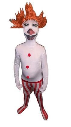 an adult inflatable clown costume with red and white stripes on the bottom, standing