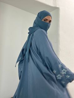 Handmade linen abaya set with Japanese beads "starry sky" in beige and blue colors. One size. Blue Modest Long Abaya, Blue Modest Khimar For Eid, Blue Long Khimar For Eid, Long Blue Khimar For Eid, Modest Blue Niqab For Eid, Traditional Blue Hijab For Eid, Linen Abaya, Blue Abaya, Abaya Hijab