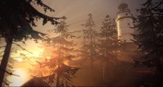 the sun is setting behind some trees with a lighthouse in the distance and foggy sky