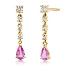 Pretty in pink and stunning diamonds! These gorgeous drop earrings have it all, and will soon become your new favorite gems. Available in 14k yellow, rose, or white gold Approximately .48ctw pink sapphires Approximately .21ctw diamonds Measures 3/4" in length By Curated by Ab Fabulous Jewelry, Diamond Drops, Diamond Drop Earrings, Sapphire Diamond, Yellow Rose, Pink Sapphire, Pear Shaped, Pretty In Pink, Pear