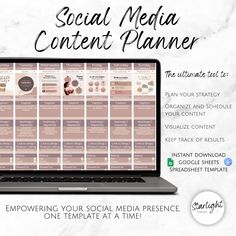 the social media content planner is displayed on a laptop screen, with text overlaying it