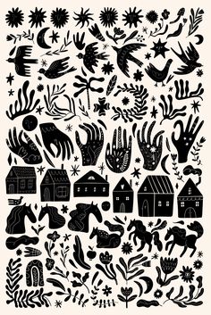 black and white illustration of farm animals, plants and flowers on a beige background with stars