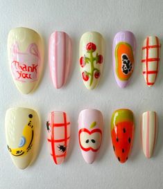 Handcrafted Press-On Nail Set - From the Garden to Your Fingertips! 🌿🍋 Product Details: 🖌️ Artistry at Your Fingertips: Each nail in this set boasts a unique, hand-painted design featuring adorable fruits and vegetables like juicy strawberries, tangy citrus, and crunchy carrots, turning your nails into a canvas of culinary delights. 🌱 Eco-Friendly and Vegan: Crafted with love and care, our nails are made from high-quality, cruelty-free materials. Perfect for the eco-conscious and stylish! 💅 Easy Application: Get salon-quality nails in minutes with our easy-to-apply press-on nails, complete with a non-damaging adhesive that's gentle on your natural nails. 🍁 Material: I only work with high-quality materials to create sturdy, long-lasting luxury press-on nails that you can trust. My nai Nail Designs Cute, Watermelon Strawberry, Nail Store, Kawaii Fruit, Gothic Nails, Daily Nail, Nails Fashion, Beauty Tricks, Press Ons