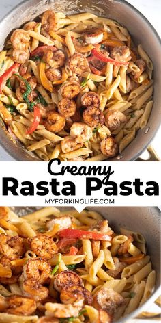 creamy pasta with shrimp and peppers in a skillet on the side, next to another photo