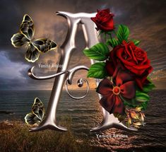 the letter h is surrounded by roses and butterflies in front of a body of water