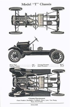 an old car is shown in three different views, including the front and rear wheels