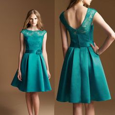 A-line Illusion Neckline Knee Length Cap Sleeve Satin Lace Bridesmaid Dress Short Brides, Inexpensive Bridesmaid Dresses, Turquoise Bridesmaid, Dressy Dress, Top Satin, Cheap Dress, Lace Bridesmaids, Fashion Cap, Illusion Neckline