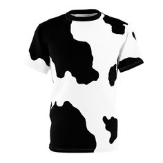 Cow Print Black & White Animal Print Adult Men's Women's Unisex Short Sleeve AOP All Over Print T-Shirt Tee Top Loungewear - 100% soft Polyester feels luxurious and drapes well - Side seams help hold the garment's shape and give it structural support - Ribbed knit collar with seam  - Shoulder tape covers the shoulder seams to stabilize the back of the garment  - Regular fit - Unisex sizing - Please see size chart in pictures before ordering - Runs big - Ladies please consider sizing down - All o Short Sleeve Cotton Tops With Cow Print, Cotton Crew Neck Top With Cow Print, Black T-shirt With All Over Print, Relaxed Fit, White Cow Print Crew Neck T-shirt, Cow Print Shirt, Casual Cow Print Crew Neck T-shirt, Printed Tshirt Women, Cheap Summer Cow Print T-shirt, Cheap Cow Print Short Sleeve T-shirt