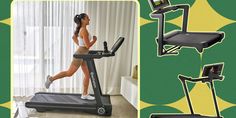 a woman running on a treadmill and another photo of her running on the treadmill