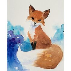 a watercolor painting of a fox sitting on top of a blue and white duck