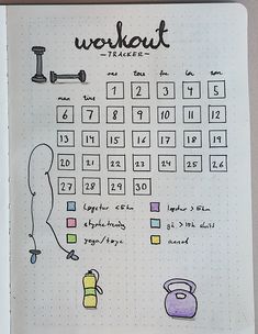 a notebook with a workout tracker on the front and back pages, filled with exercise related items