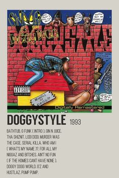 an advertisement for doggystyle featuring a man laying on top of a brick wall