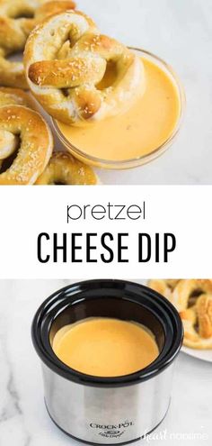 pretzel cheese dip in a slow cooker and on the table with pretzels