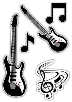 guitar and musical notes stickers on a white background