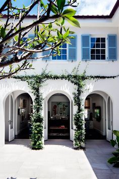 the front entrance to a white house with blue shutters and green plants on either side