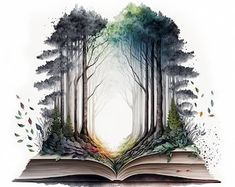 an open book with trees and leaves on it