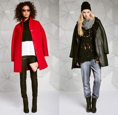 Elie Tahari 2014-2015 Fall Autumn Winter Womens Lookbook Presentation - Jogging Sweatpants Knit Cap Beanie Outerwear Coat Jacket Lace Crochet Sweater Jumper Boots Crop Top Midriff 3D Cutout Furry Ribbed Snake Reptile Multi-Panel Leggings Waffle Quilted Scarf Turtleneck Mohair Skirt Frock Accordion Pleats Sweatshirt Hoodie Dress Zipper Panels Motorcycle Biker Rider - New York Fashion Week NYFW Catwalk Collection, Casual Chinos, Mohair Knit