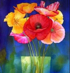 a painting of colorful flowers in a vase