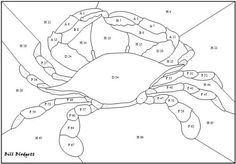 the color by number crab is shown in black and white, with numbers on it