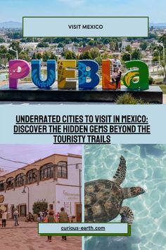 an advertisement for the mexican city of pueblo with images of buildings and people walking around