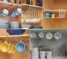 the kitchen is organized and ready to be used as a place for dishes, cups, mugs and utensils