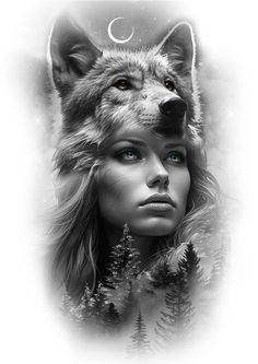 a woman with blue eyes and a wolf's head on her face is shown